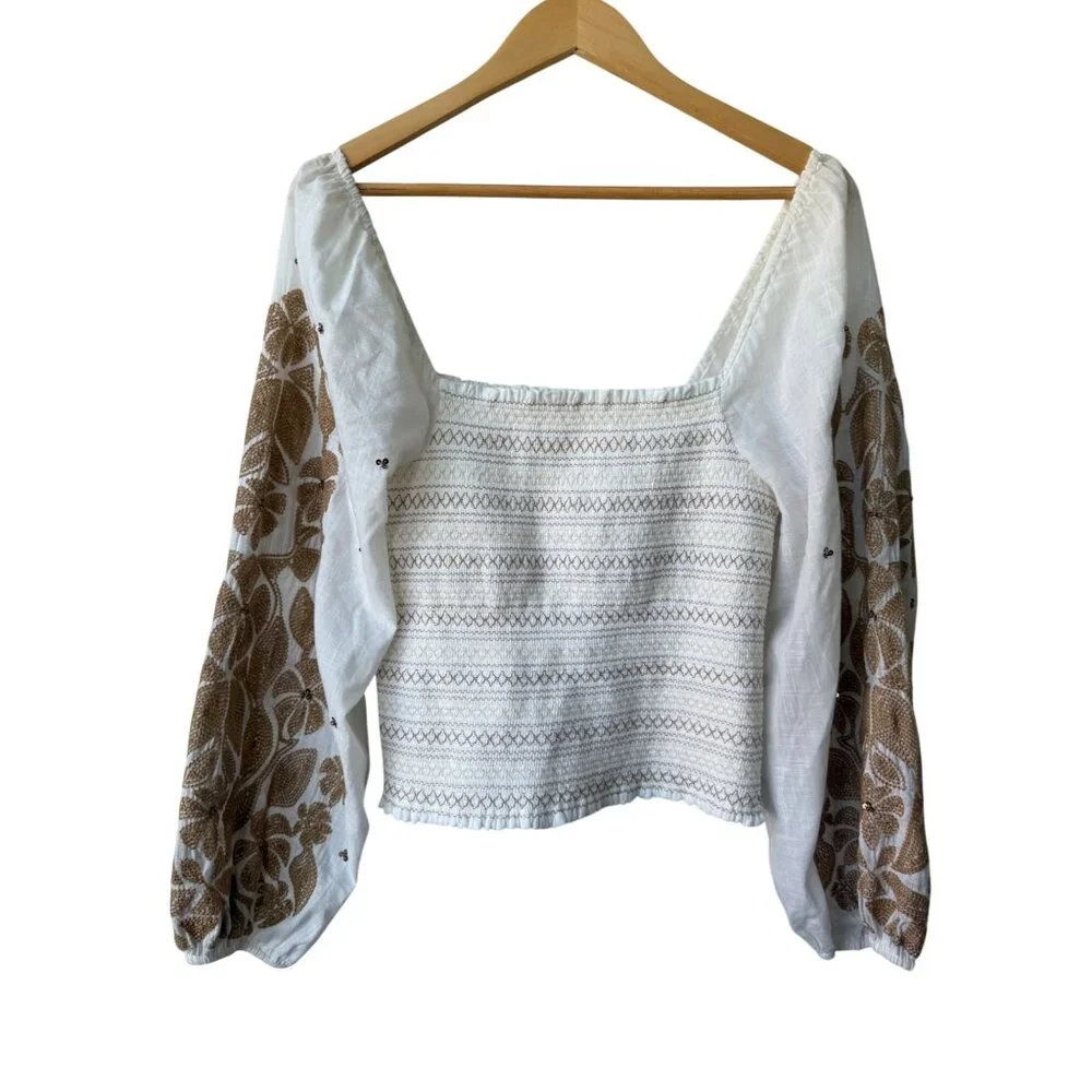 Embroidered Square-Neck White Top with Tan Floral Sleeves